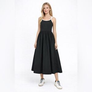 NWT WeLaken Black Midi Dress White Criss Cross Back Casual Chic Minimalist 14y